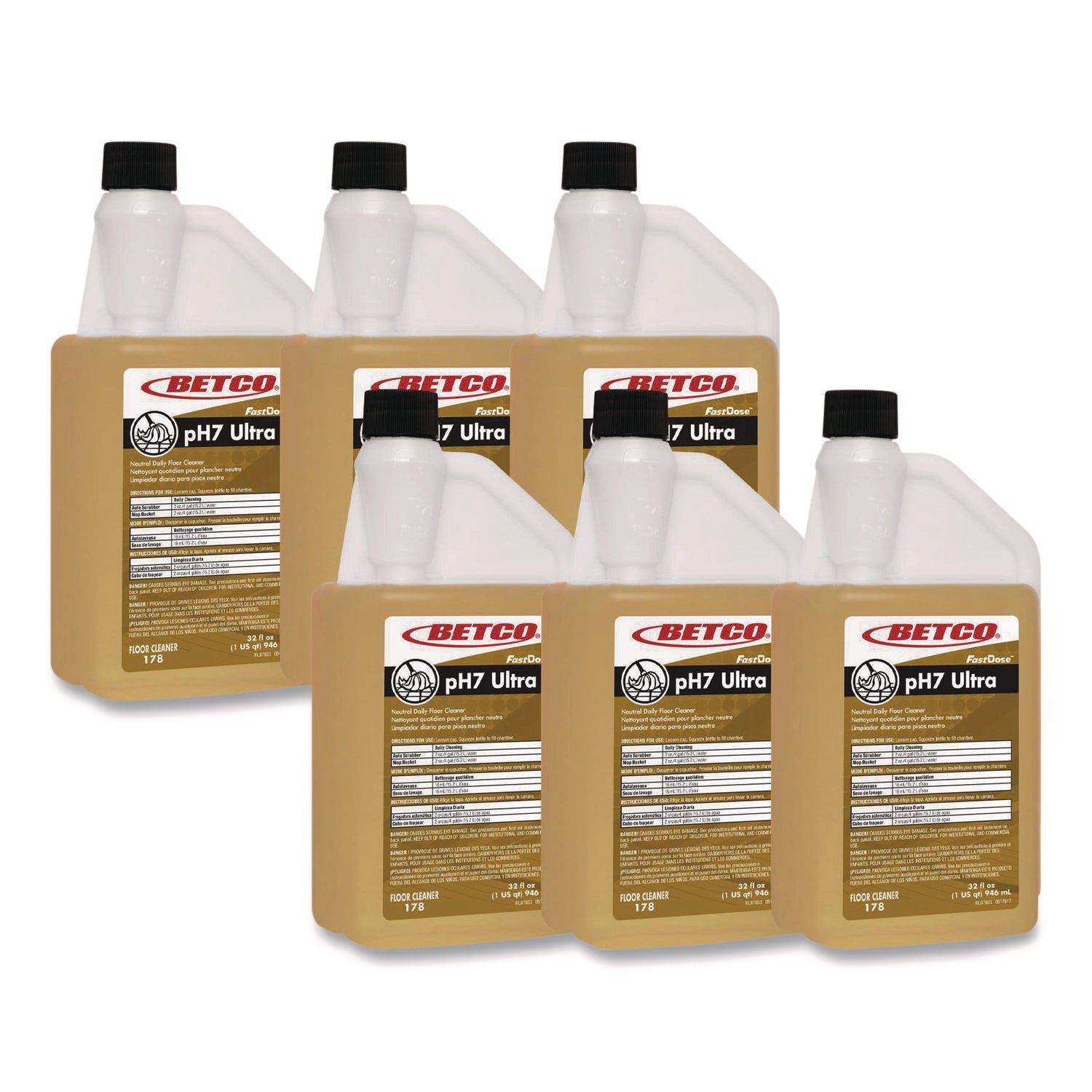 BET1784800 pH7 Ultra Floor Cleaner, Lemon Scent, 32 oz Bottle, 6/Carton Betco
