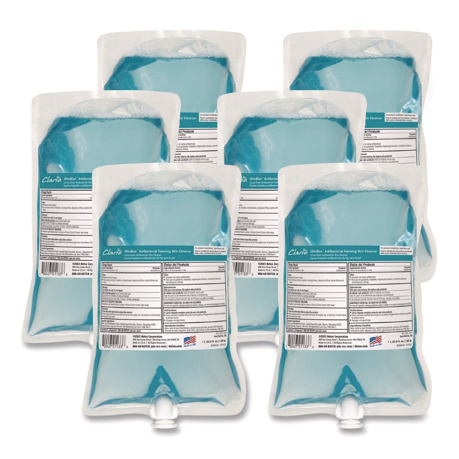 BET7592900 UltraBlue Antibacterial Foaming Skin Cleanser Refill, Fragrance-Free, 1,000 mL, 6/Carton Betco