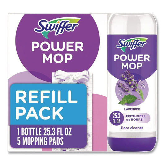 PGC09117 PowerMop Cleaning Solution and Pads Refill Pack, Lavender, 25.3 oz Bottle and 5 Pads per Pack, 4 Packs/Carton Swiffer