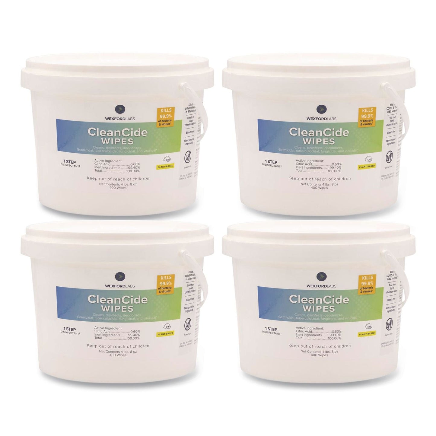 WXF3130B400DCT CleanCide Disinfecting Wipes, 1-Ply, 8 x 5.5, Fresh Scent, White, 400/Tub, 4 Tubs/Carton Wexford Labs