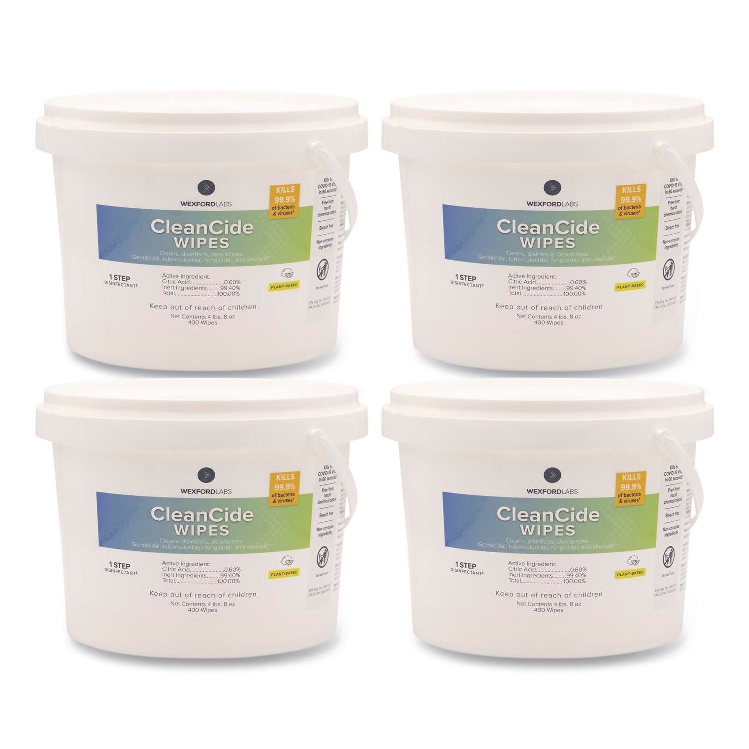 WXF3130B400DCT CleanCide Disinfecting Wipes, 1-Ply, 8 x 5.5, Fresh Scent, White, 400/Tub, 4 Tubs/Carton Wexford Labs