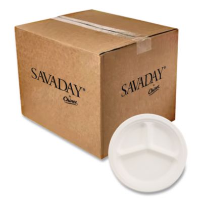 HUH21204CT Paper Dinnerware, 3-Compartment Plate, 10.25" Dia, White, 500/carton
