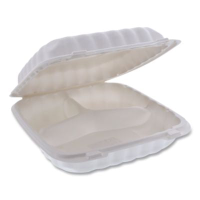 PCTYCN80903 EarthChoice SmartLock Microwavable MFPP Hinged Lid Container, 3 Compartments, 9 x 9 x 3.1, White, Plastic, 120/Carton