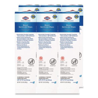 CLO31424 Bleach Germicidal Wipes, Individual Wipes, 1-Ply, 6.75 x 9, Unscented, White, 50/Box, 6 Boxes/Carton CLOROX SALES CO.