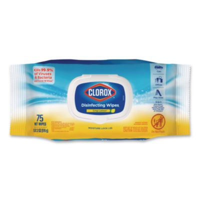 CLO31404EA Disinfecting Cleaning Wipes, Flex Pack, 1-Ply, 8 x 7, Lemon Scent, White, 75 Towels/Box