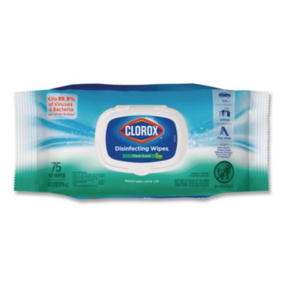 CLO31430EA Disinfecting Cleaning Wipes, Flex Pack, 1-Ply, 8 x 7, Fresh Scent, White, 75 Towels/Box