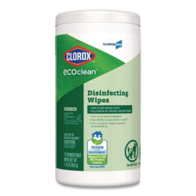CLO60605EA CloroxPro EcoClean Disinfecting Wipes, 1-Ply, 8 x 7, Unscented, White, 75 Count