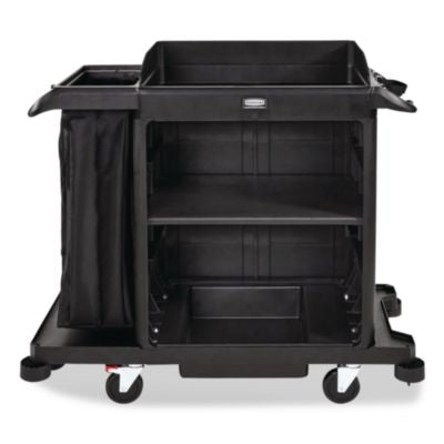RCP2202585 Compact Housekeeping Cart?, Plastic, 3 Shelves 1 Bin, 23 x 53.12 x 19.1, Black RUBBERMAID COMMERCIAL PROD.