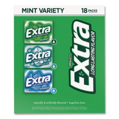 GRR22002643 Extra Mint Variety Sugar-Free Gum, Peppermint/Polar Ice/Spearmint, 15 Sticks/Pack, 18 Packs/Carton