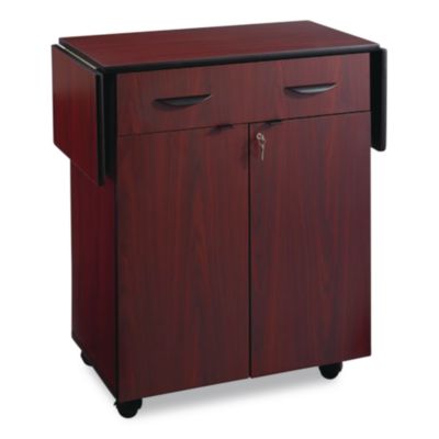 SAF8962MH Hospitality Cart with Drop Leaves, Engineered Wood, 3 Shelves, 1 Drawer, 32.5" to 56.25" x 20.5" x 38.75", Mahogany