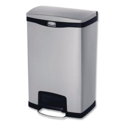 RCP1901992 Slim Jim Stainless Steel Step-On Container, Front Step Style, 13 gal, Stainless Steel, Black RUBBERMAID COMMERCIAL PROD.