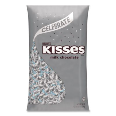 HRSHEC33458 KISSES Milk Chocolate Candy, Silver Foils, 60 oz Bag THE HERSHEY COMPANY