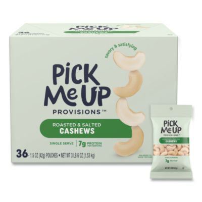 PIEPM62981 Roasted and Salted Cashews, 1.5 oz Pouch, 36/Box PICK ME UP PROVISIONS