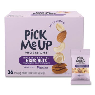 PIEPM62982 Roasted and Salted Mixed Nuts, 1.5 oz Pouch, 36/Box PICK ME UP PROVISIONS