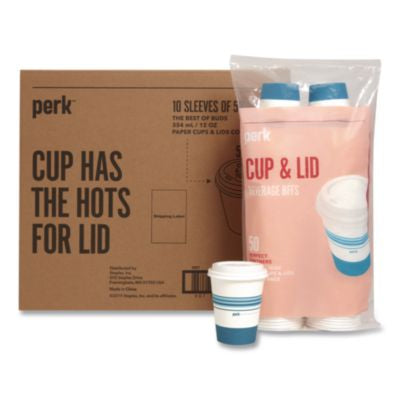 PRKPK54365CT Paper Hot Cup and Plastic Dome Lid Combo, 12 oz, White/Blue, 500/Carton