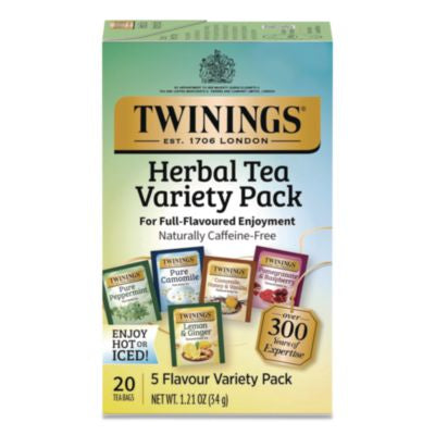 TWGTNA51788 Caffeine-Free Herbal Tea Bags Variety Pack, Individually Wrapped, Four Flavors, 0.06 oz Tea Bag, 20/Box