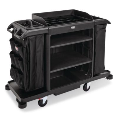 RCP2202527 Full Size Housekeeping Cart with Accessory Bundle, Resin, 3 Shelves, 2 Bins, 24.4 x 62.4 x 49, Black RUBBERMAID COMMERCIAL PROD.