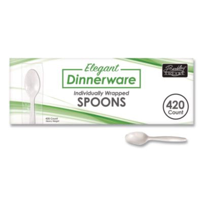 BSQ90187 Elegant Dinnerware Heavyweight Cutlery, Individually Wrapped, Spoon, Plastic, White, 420/Box