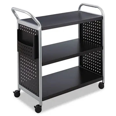 SAF5339BL Scoot Three Shelf Utility Cart, Metal, 3 Shelves, 1 Bin, 300 lb Capacity, 31" x 18" x 38", Black/Silver SAFCO PRODUCTS