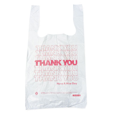 BPC6415THYOU Plastic Thank-You T-Sack, Thank You - Have a Nice Day Labeling, Cut-Out Handles, 4" x 6" x 15", White/Red, 2,000/Carton