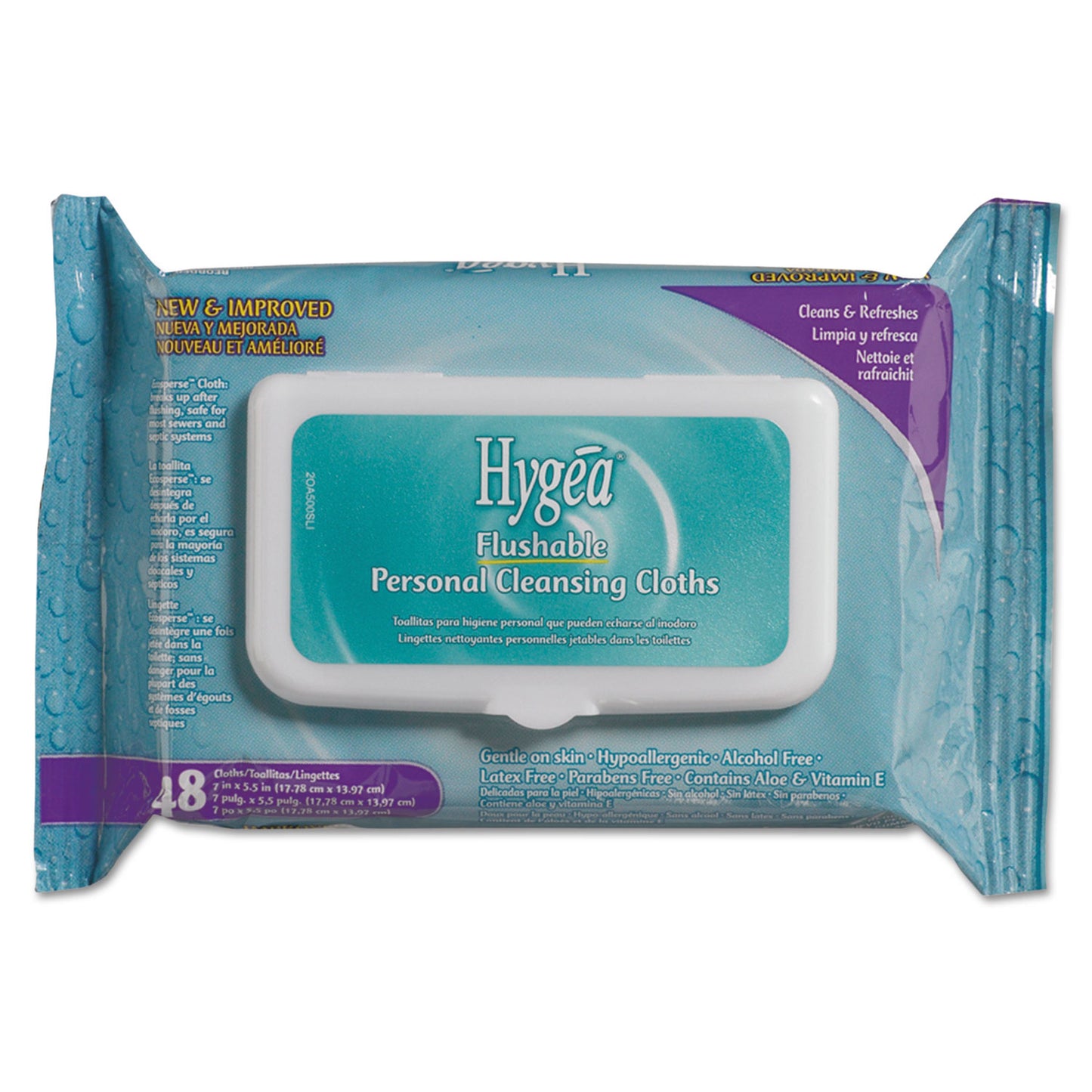 NICA500F48 Hygea Flushable Personal Cleansing Cloths, 6.25 x 5.38, Flowering Herbs, White, 48/Pack, 12 Packs/Carton