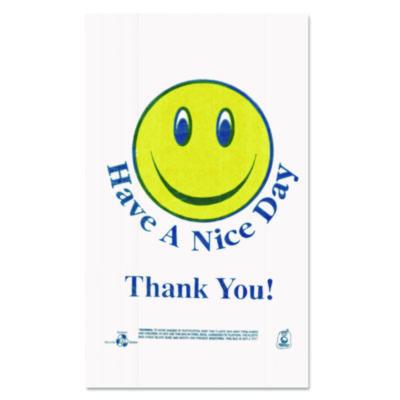 BPCT16SMILEY Smiley Face Shopping Bags, Thank You - Have a Nice Day Labeling, Cut-Out Handles, 11.5" x 6.5" x 21", White/Red, 900/Carton