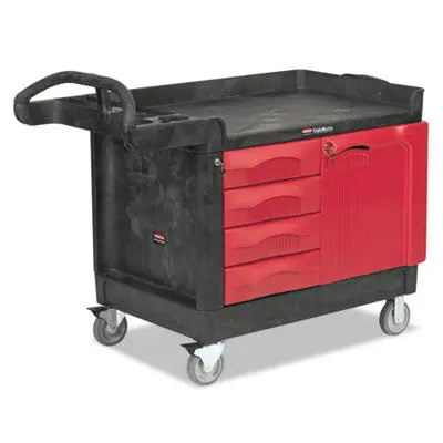 RCP453388BLA TradeMaster Cart with One Door, Plastic, 3 Shelves, 4 Drawers, 750 lb Capacity, 26.25" x 49" x 38", Black RUBBERMAID COMMERCIAL PROD.