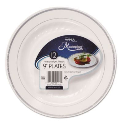 WNARSM91210WS Masterpiece Plastic Plates, 9" Dia, White/silver, 10/pack, 12 Packs/carton