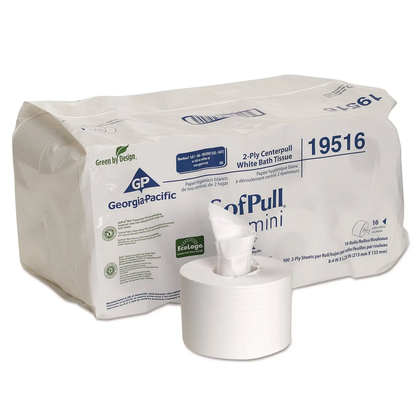 GPC19516 SofPull Mini Centerpull Bath Tissue, Septic Safe, 2-Ply, White, 500 Sheets/Roll, 16 Rolls/Carton Georgia Pacific Professional