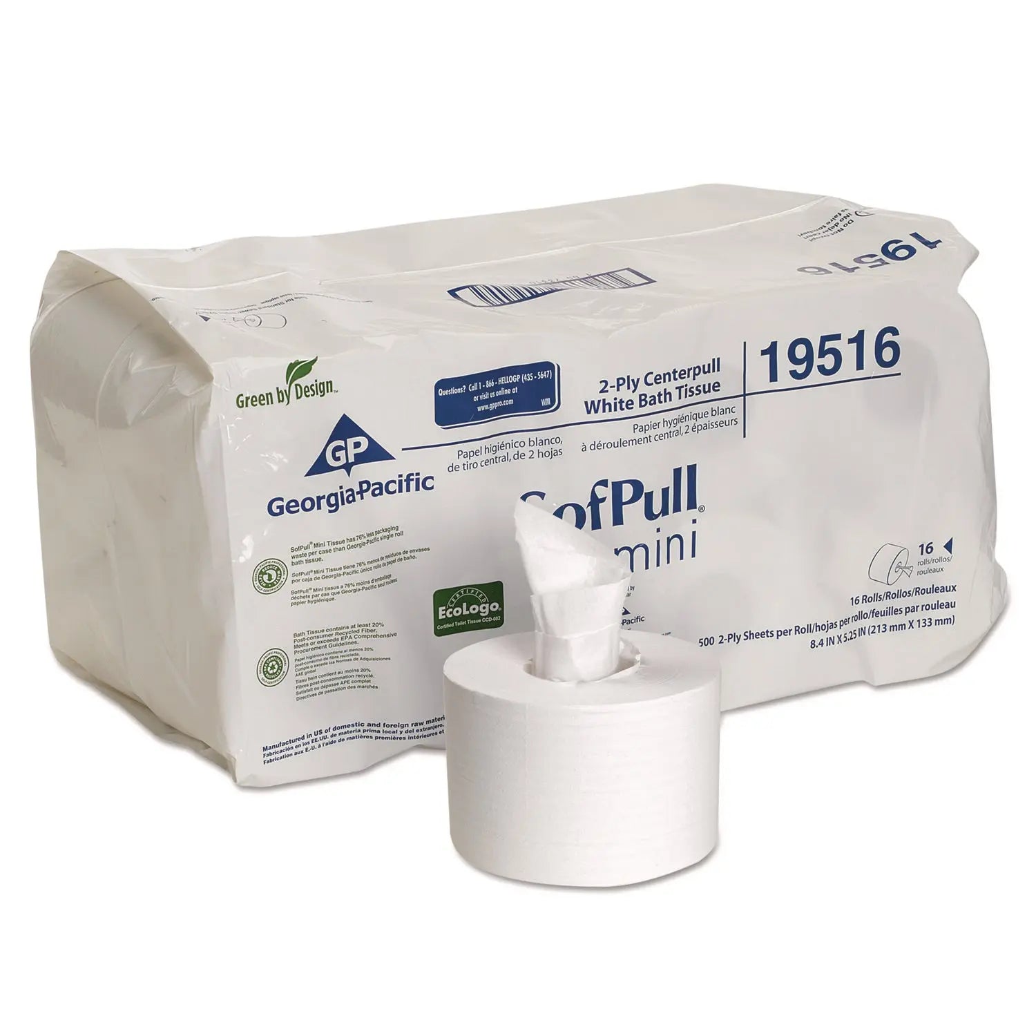 GPC19516 SofPull Mini Centerpull Bath Tissue, Septic Safe, 2-Ply, White, 500 Sheets/Roll, 16 Rolls/Carton Georgia Pacific Professional