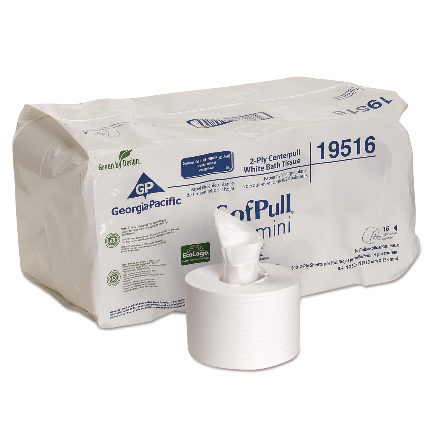 GPC19516 SofPull Mini Centerpull Bath Tissue, Septic Safe, 2-Ply, White, 500 Sheets/Roll, 16 Rolls/Carton