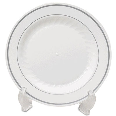 WNAMP75WSLVR Masterpiece Plastic Dinnerware, Plate, 7.5" Dia, White/silver, 10/pack, 15 Packs/carton