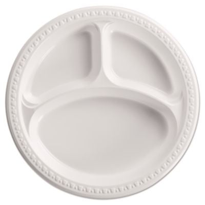 HUH81230 Heavyweight Plastic 3-Compartment Plates, 10.25" Dia, White, 125/pack, 4 Packs/carton