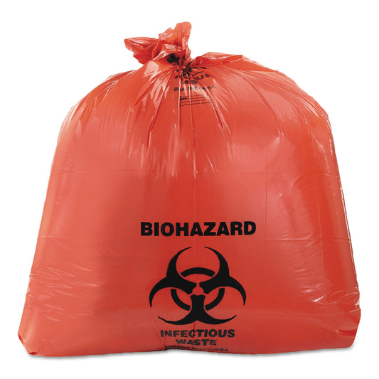 HERA8046ZR Healthcare Biohazard Printed Can Liners, Biohazard Infectious Waste, 45 gal, 3 mil, 40" x 46", Red, Flat Pack, 75/Carton