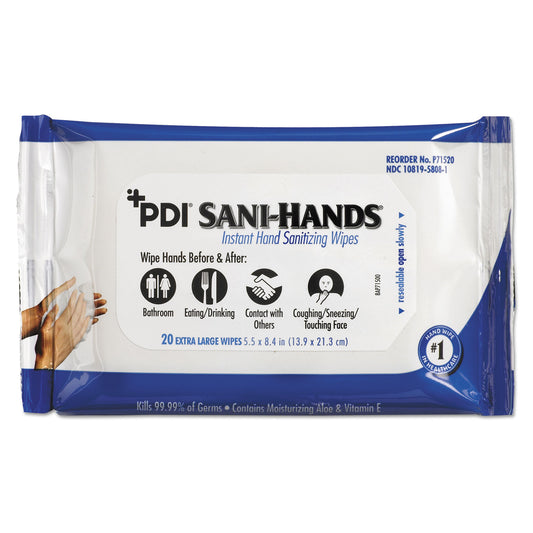 NICP71520 PDI Sani-Hands Instant Hand Sanitizing Wipes, 1-Ply, 5.5 x 8.4, White, 20/Pack, 48 Packs/Carton