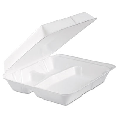 DCC95HTPF3R Foam Hinged Lid Container, 3 Compartments, 9.3 x 9.5 x 3, White, 100/Bag, 2 Bag/Carton