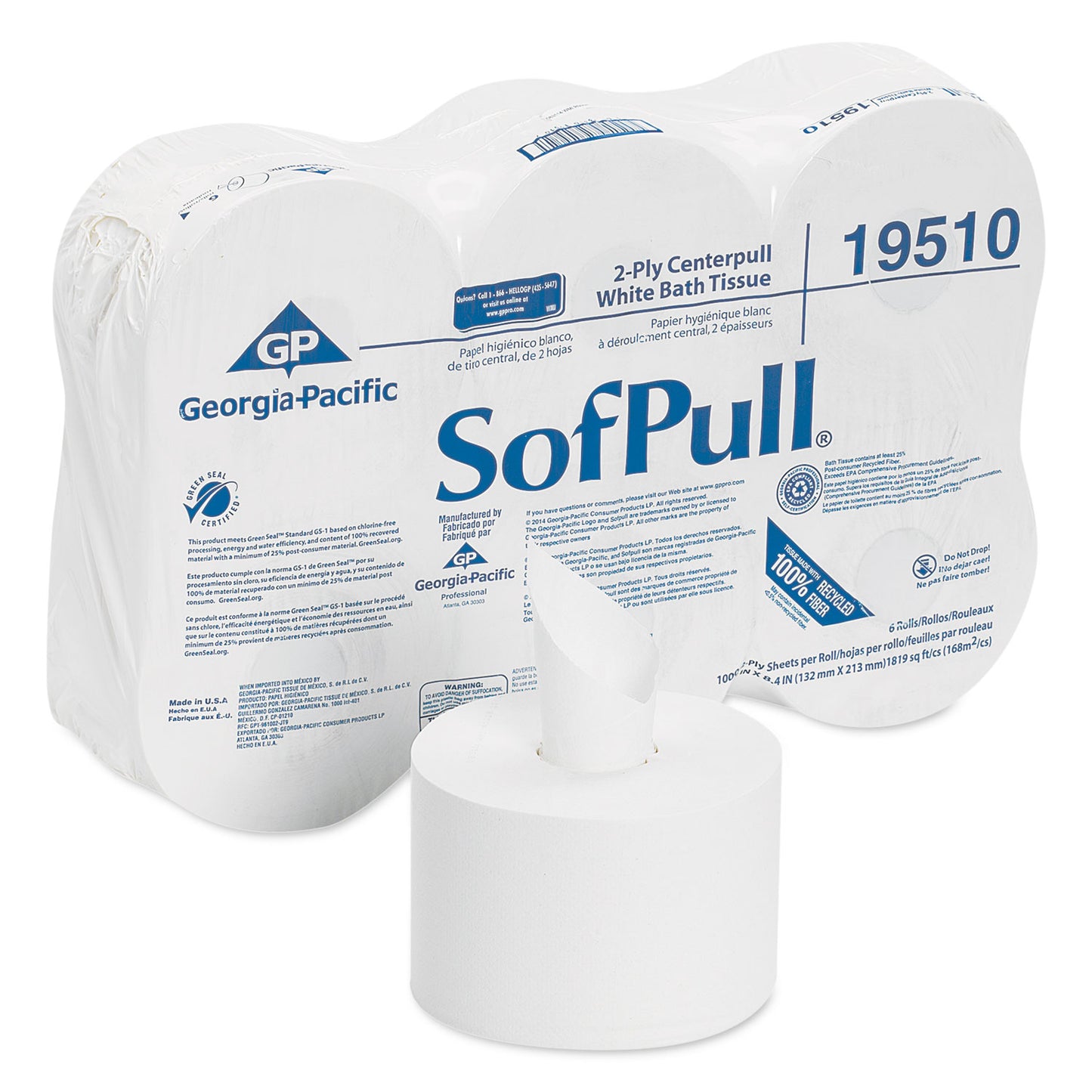 GPC19510 High Capacity Center-Pull Tissue, Septic Safe, 2-Ply, White, 1,000 Sheets/Roll, 6 Rolls/Carton