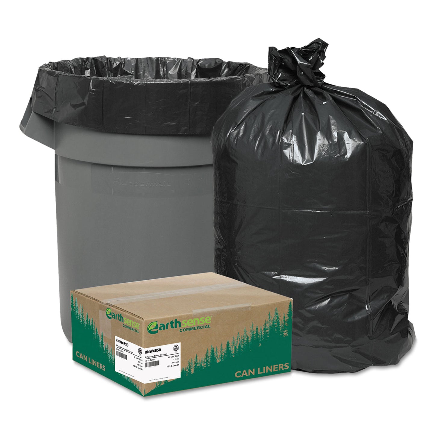 WBIRNW4850 Linear Low Density Recycled Can Liners, 45 Gallon, 1.25 mil, 40" x 46", Black, 10 Bags/Roll, 10 Rolls/Carton