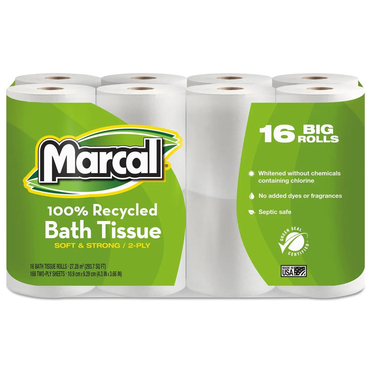 MRC16466 100% Recycled Two-Ply Bath Tissue, Septic Safe, White, 168 Sheets/Roll, 96 Rolls/Carton Marcal