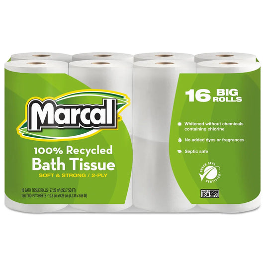 MRC16466 100% Recycled Two-Ply Bath Tissue, Septic Safe, White, 168 Sheets/Roll, 96 Rolls/Carton Marcal