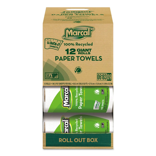 MRC6183 100% Premium Recycled Kitchen Roll Towels, Roll Out Box, 2 Ply, 11 x 5.5, White, 140 Sheets, 12 Rolls/Carton Marcal