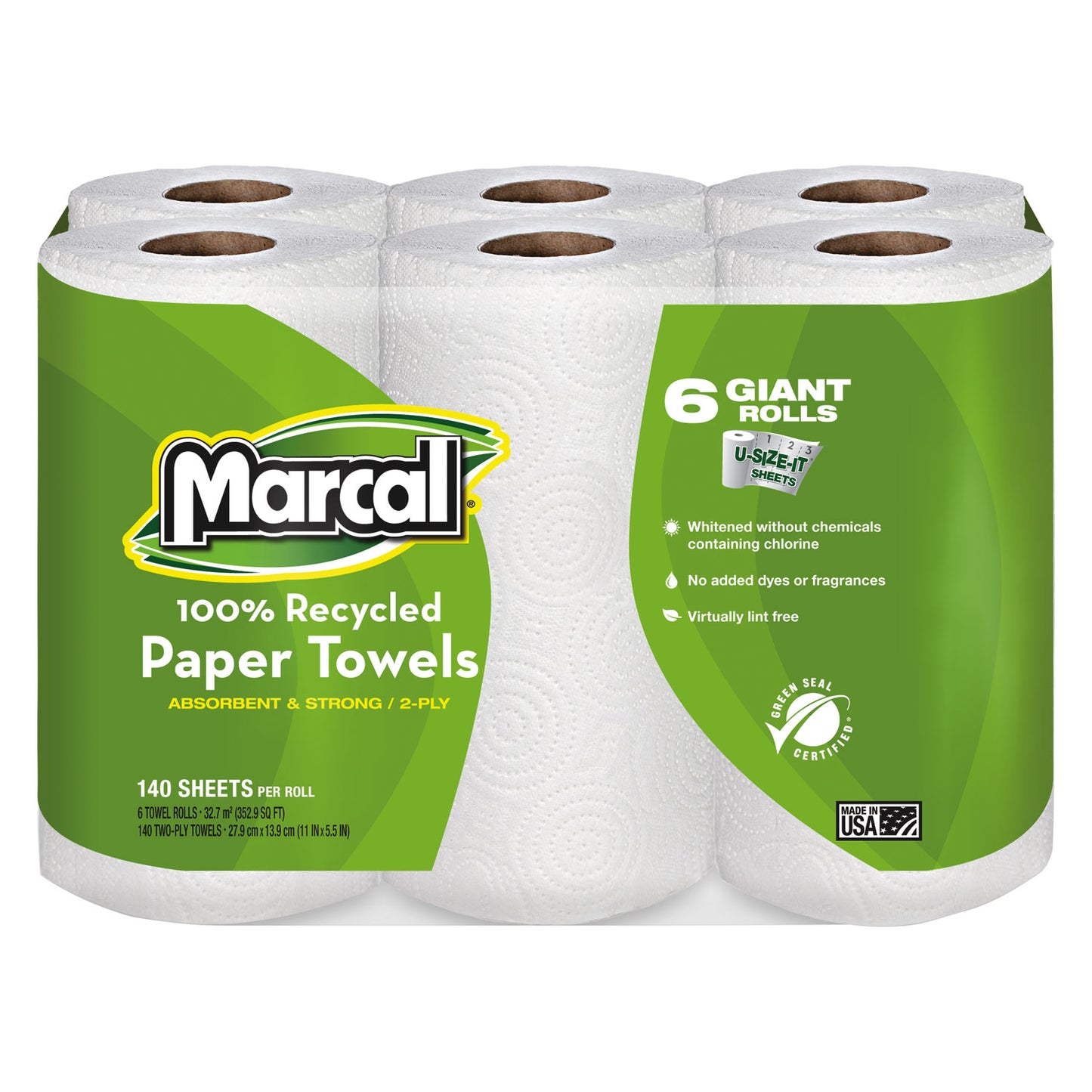 MRC6181PK 100% Premium Recycled Kitchen Roll Towels, 2-Ply, 11 x 5.5, White, 140/Roll, 6 Rolls/Pack