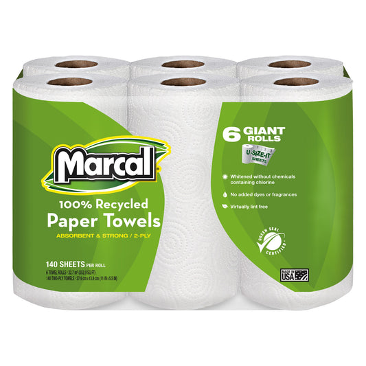 MRC6181PK 100% Premium Recycled Kitchen Roll Towels, 2-Ply, 11 x 5.5, White, 140/Roll, 6 Rolls/Pack