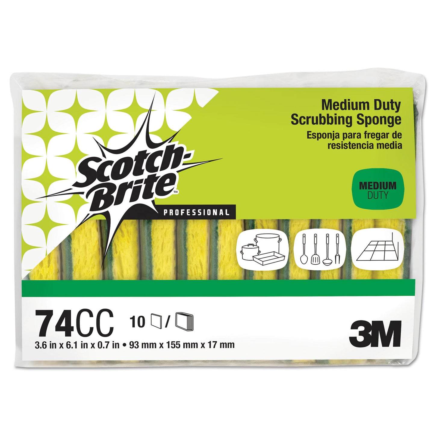 MMM74CC Medium-Duty Scrubbing Sponge 74, 3.6 x 6.1, 0.7" Thick, Yellow/Green, 10/Pack