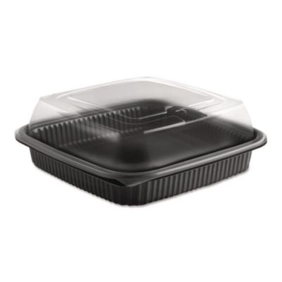 ANZ4118515 Culinary Squares 2-Piece Microwavable Container, Deep Lid, 36 oz, 8.46 x 8.46 x 2.91, Clear/Black, Plastic, 150/Carton