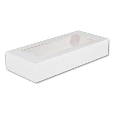 SCH24243 White Window Bakery Boxes with Attached Flip Top, 4-Corner Beers Design, 12.5 x 5.5 x 2.25, White, Paper, 200/Carton
