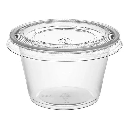 Portion Cups with Lids-Clear Plastic Souffle Cup/POrtion Cup with PET Plastic Lid 100/case BOARDWALK