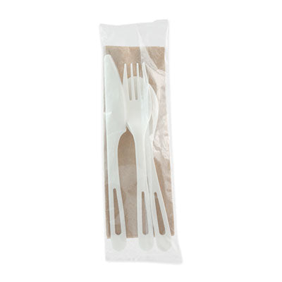WORASPSTN TPLA Wrapped Cutlery, Fork/Knife/Napkin/Spoon, Plastic, White, 250/Carton