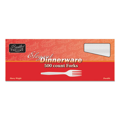 BSQ1072010 Elegant Dinnerware Heavyweight Cutlery, Fork, Plastic, White, 500/Box
