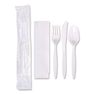 HFM117799 Economy Cutlery Kit, Fork/Knife/Napkin/Spoon, Plastic, White, 250/Carton